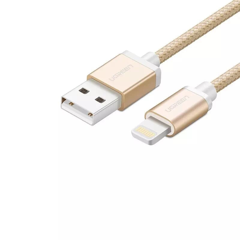 UGREEN 30589 iPhone 8-pin to USB2.0 Sync & Charging Cable in gold, 2 meters long, designed for fast charging and data transfer.